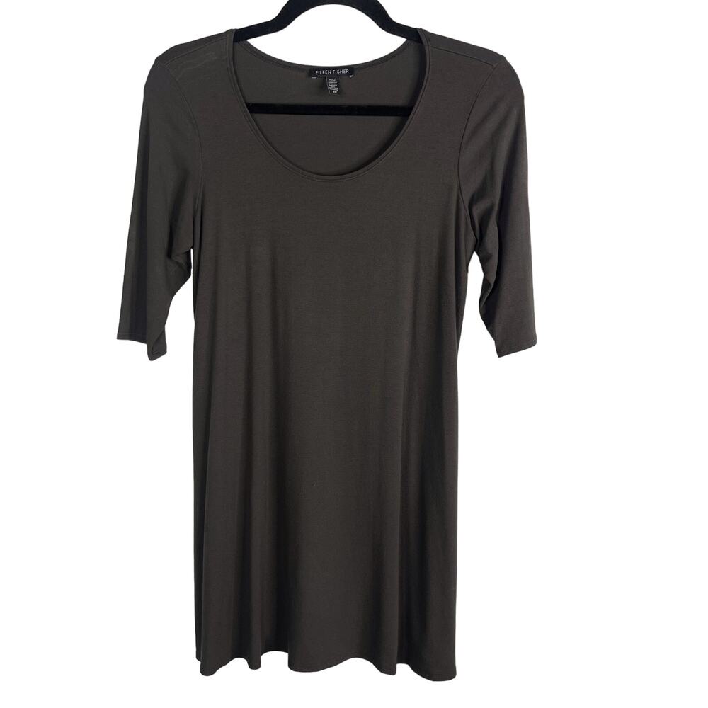 Eileen Fisher Small S Gray Knit Jersey Short Sleeve Tunic Dress Top Scoop Neck